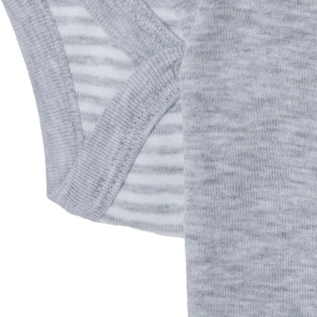 Grey short-sleeve baby bodysuit with ribbed sleeve cuff and crew neck trim