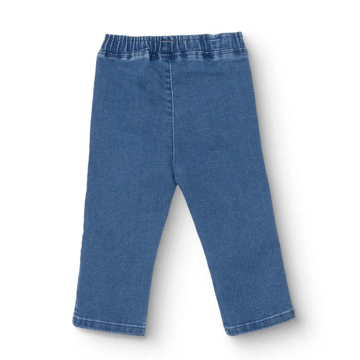 Indigo denim baby trousers with elastic waistband and stitched hems, full front
