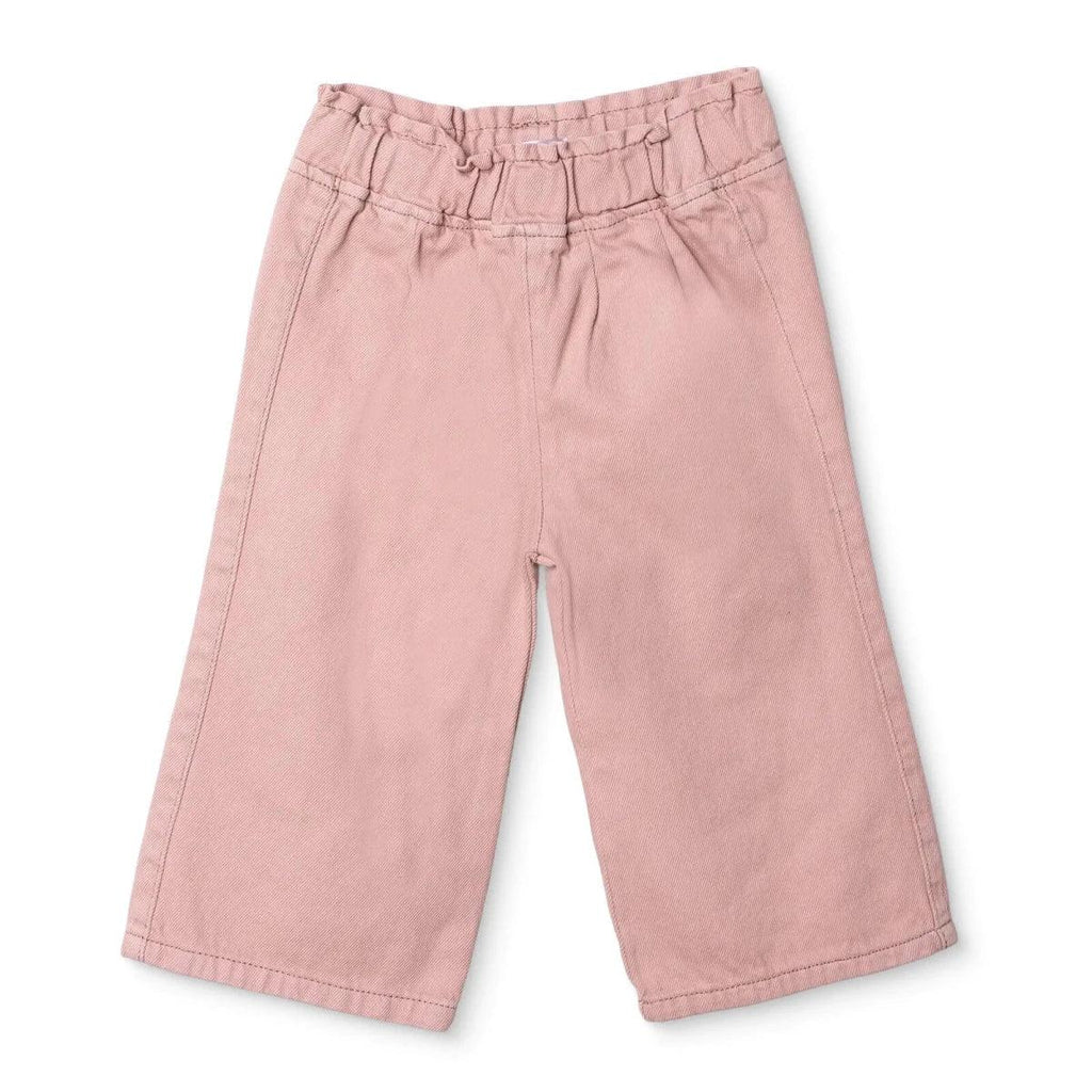 Pink baby trousers with elastic waist and straight legs, stitched seam detailing