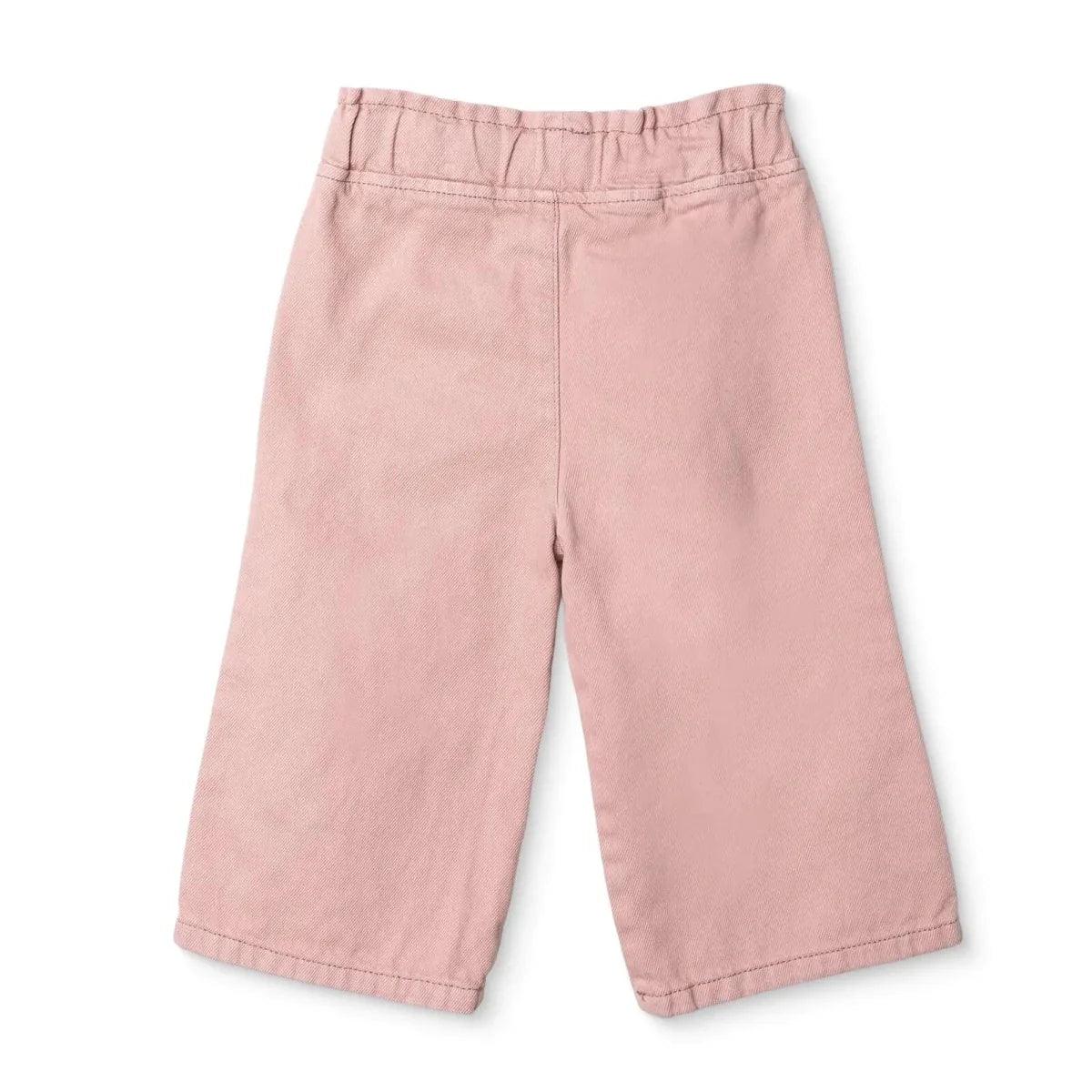 Pink baby trousers back view with elastic waistband and center seam