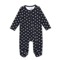 Black long-sleeve baby sleepsuit with feet, allover white heart print, front zipper