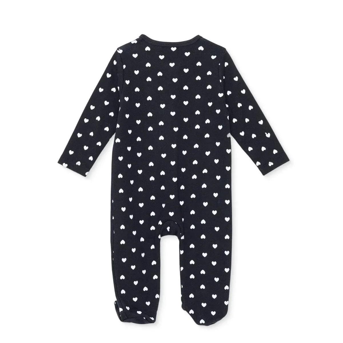 Black long-sleeve baby sleepsuit with feet, back view, white heart print