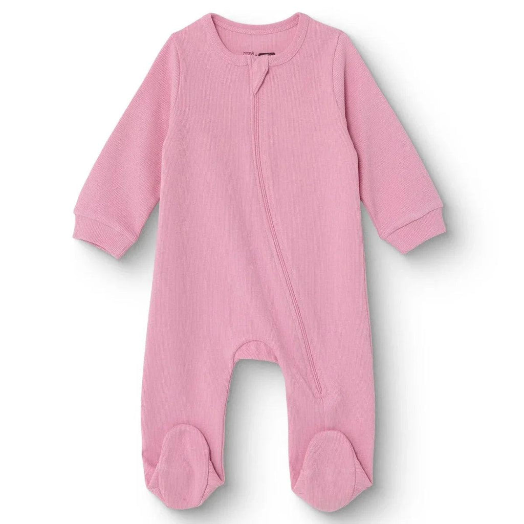 Pink long-sleeve ribbed footed baby sleepsuit with front zip and snap foot openings