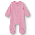 Pink long-sleeve ribbed footed baby sleepsuit with front zip and snap foot openings