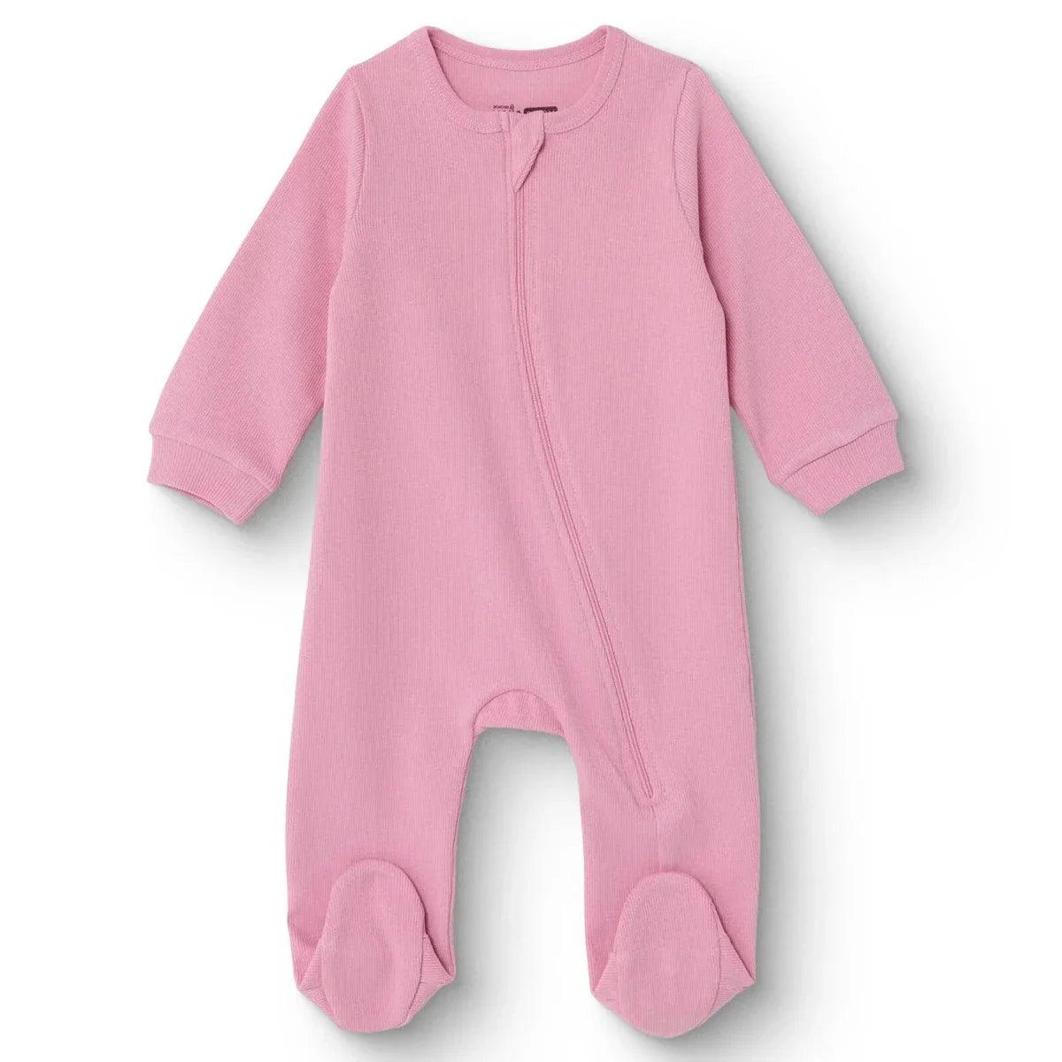 Pink long-sleeve ribbed footed baby sleepsuit with front zip and snap foot openings