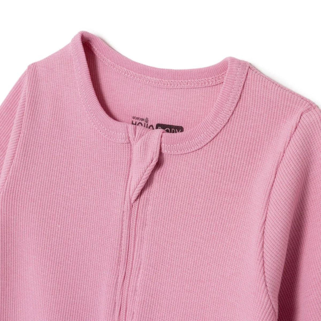 Pink ribbed long-sleeve baby sleepsuit with front zipper and round neckline
