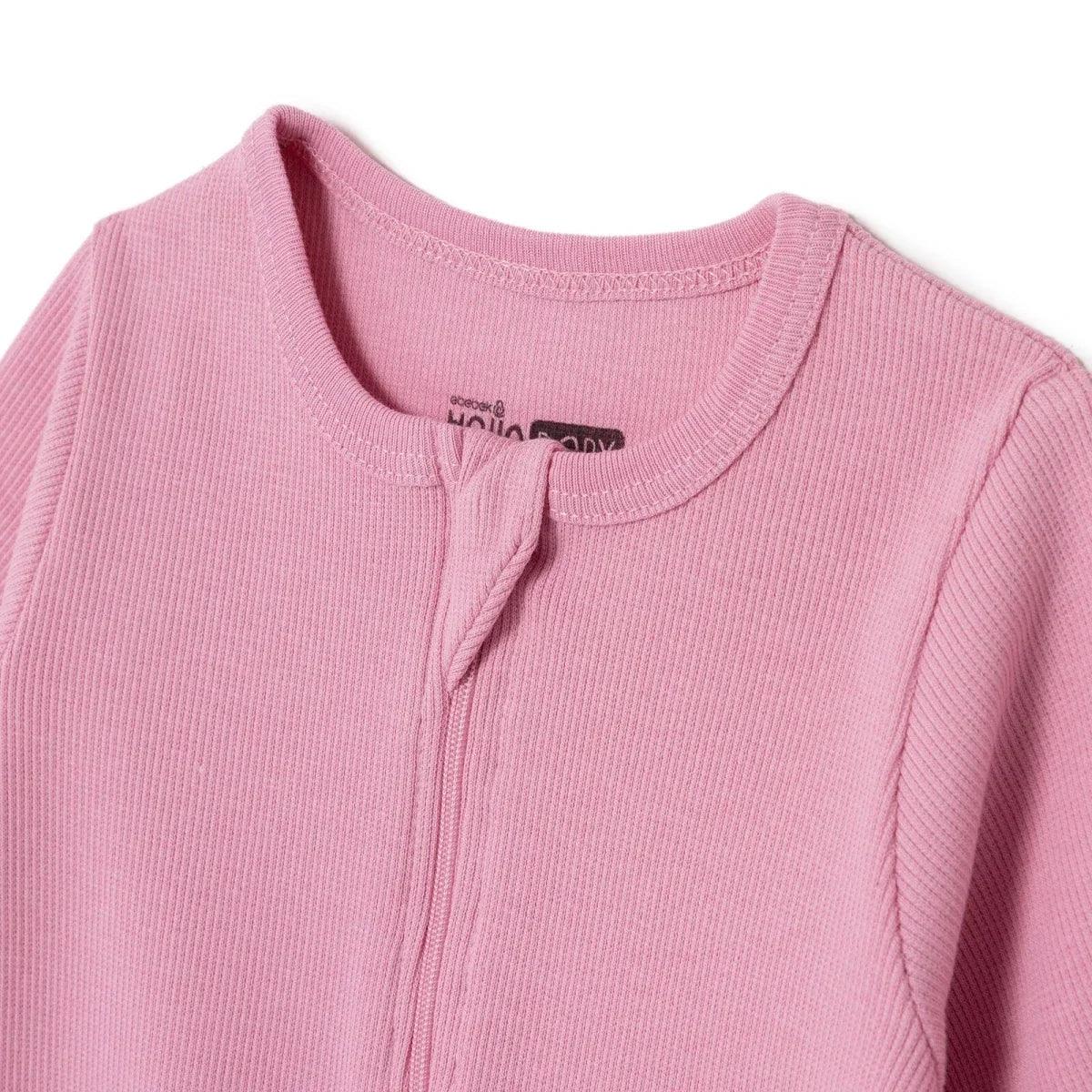 Pink ribbed long-sleeve baby sleepsuit with front zipper and round neckline