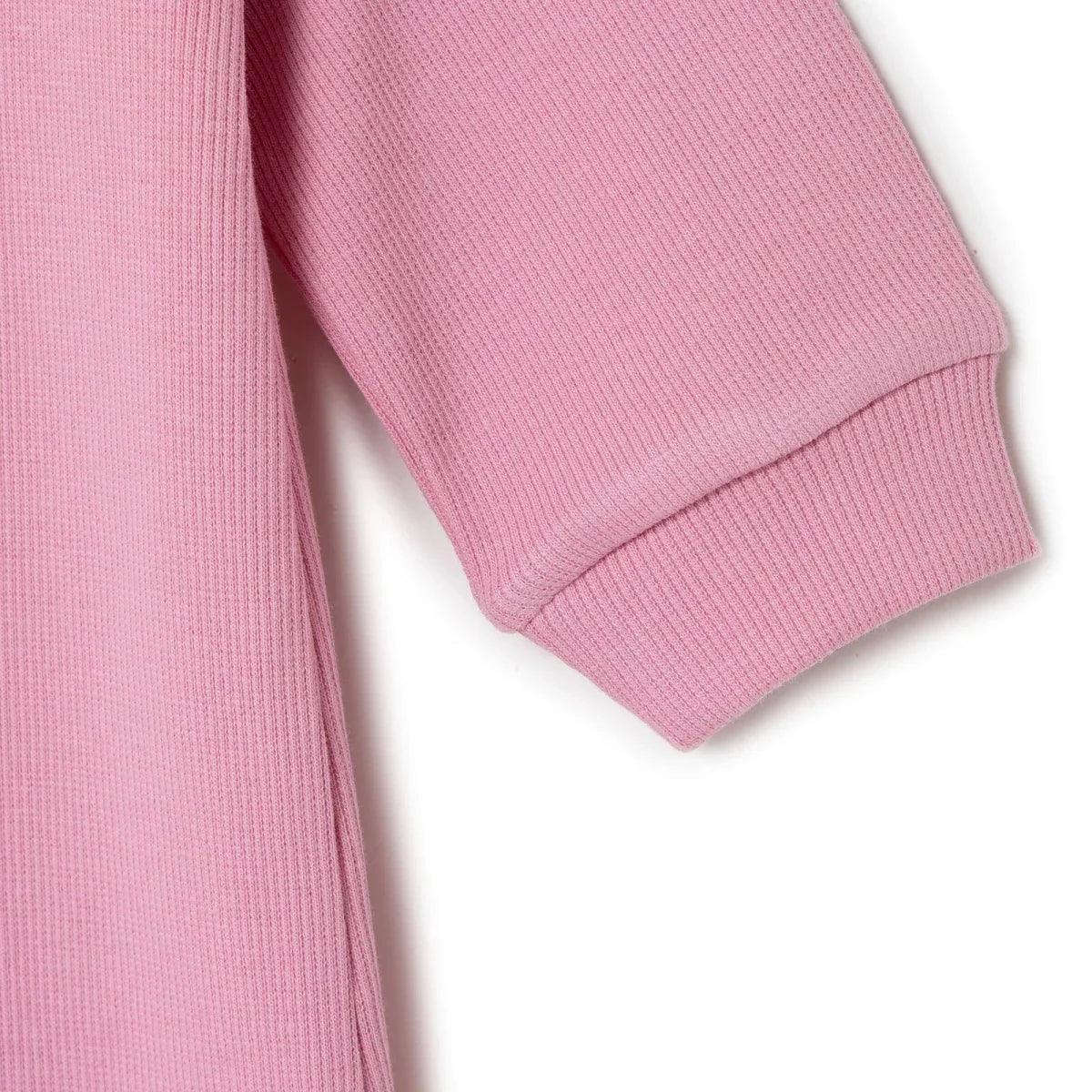 Pink ribbed baby sleepsuit sleeve cuff with elastic hem
