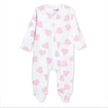 Long-sleeve baby sleepsuit with feet, white with pink heart pattern