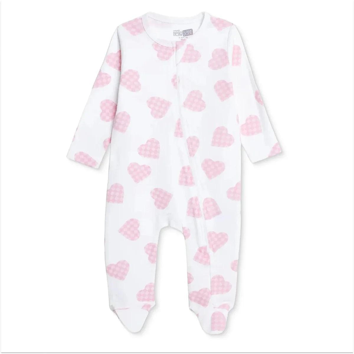 Long-sleeve baby sleepsuit with feet, white with pink heart pattern