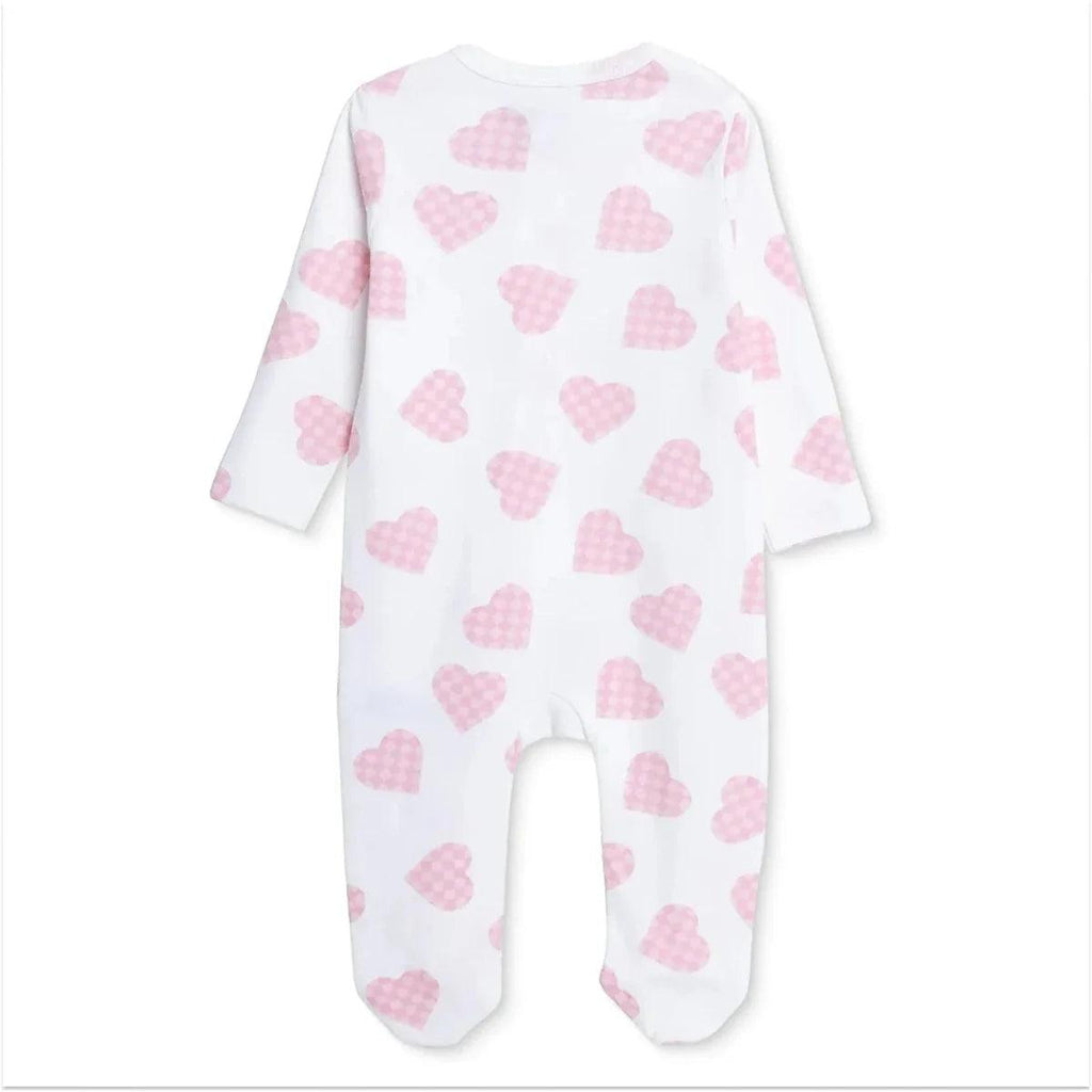 Footed one-piece sleepsuit with long sleeves, white with pink heart print
