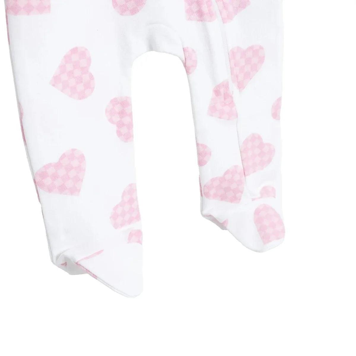 Footed legs and ankle cuffs, white with pink heart print baby sleepsuit