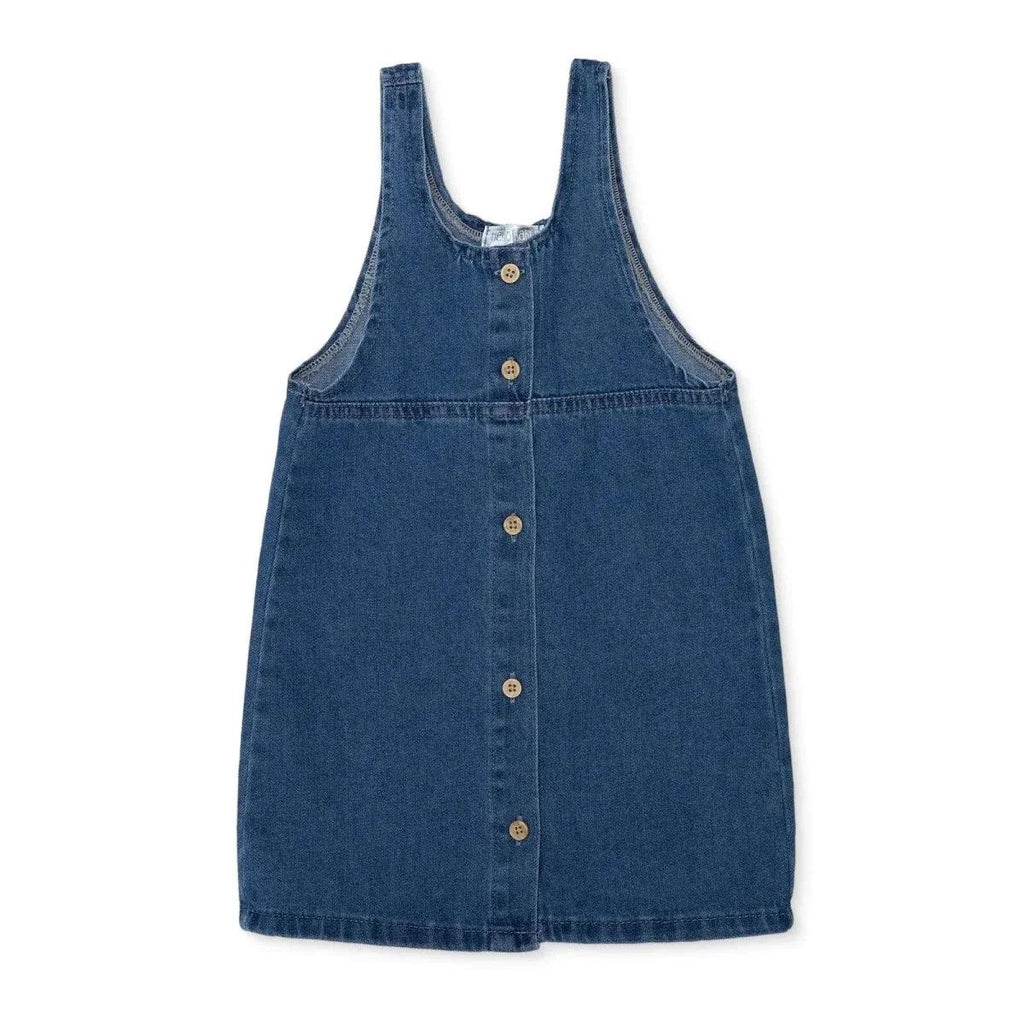 Indigo denim baby pinafore dress, sleeveless bib front with button placket