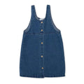 Indigo denim baby pinafore dress, sleeveless bib front with button placket