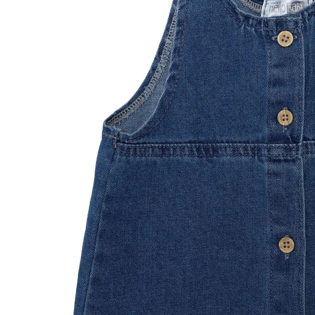 Indigo denim pinafore dress shoulder and chest area with button placket