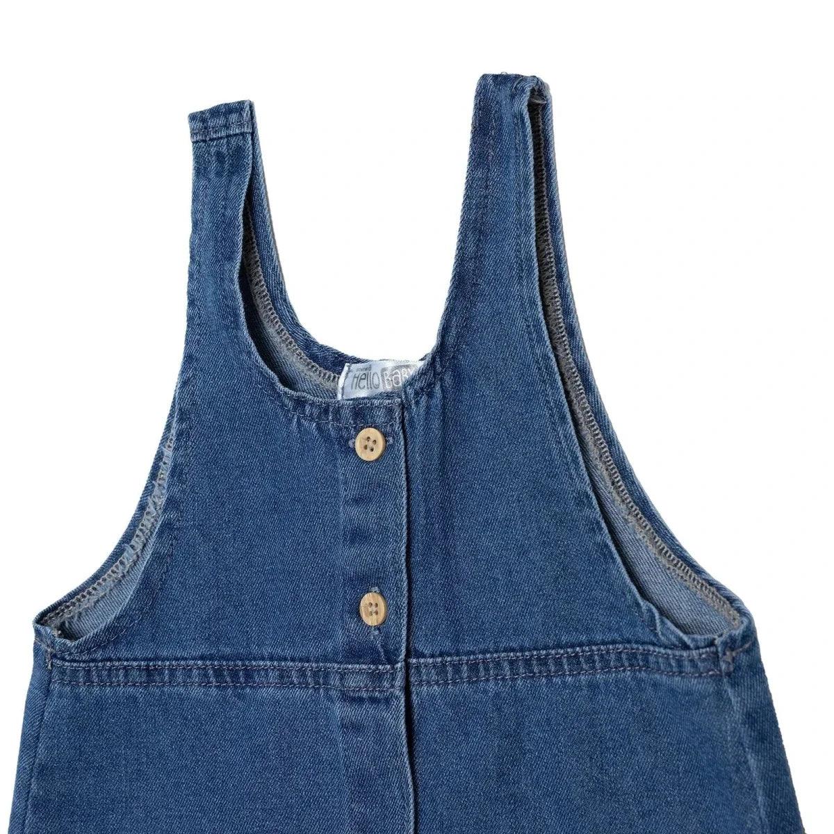 Indigo denim pinafore dress close-up of neckline and bib with wooden-look buttons