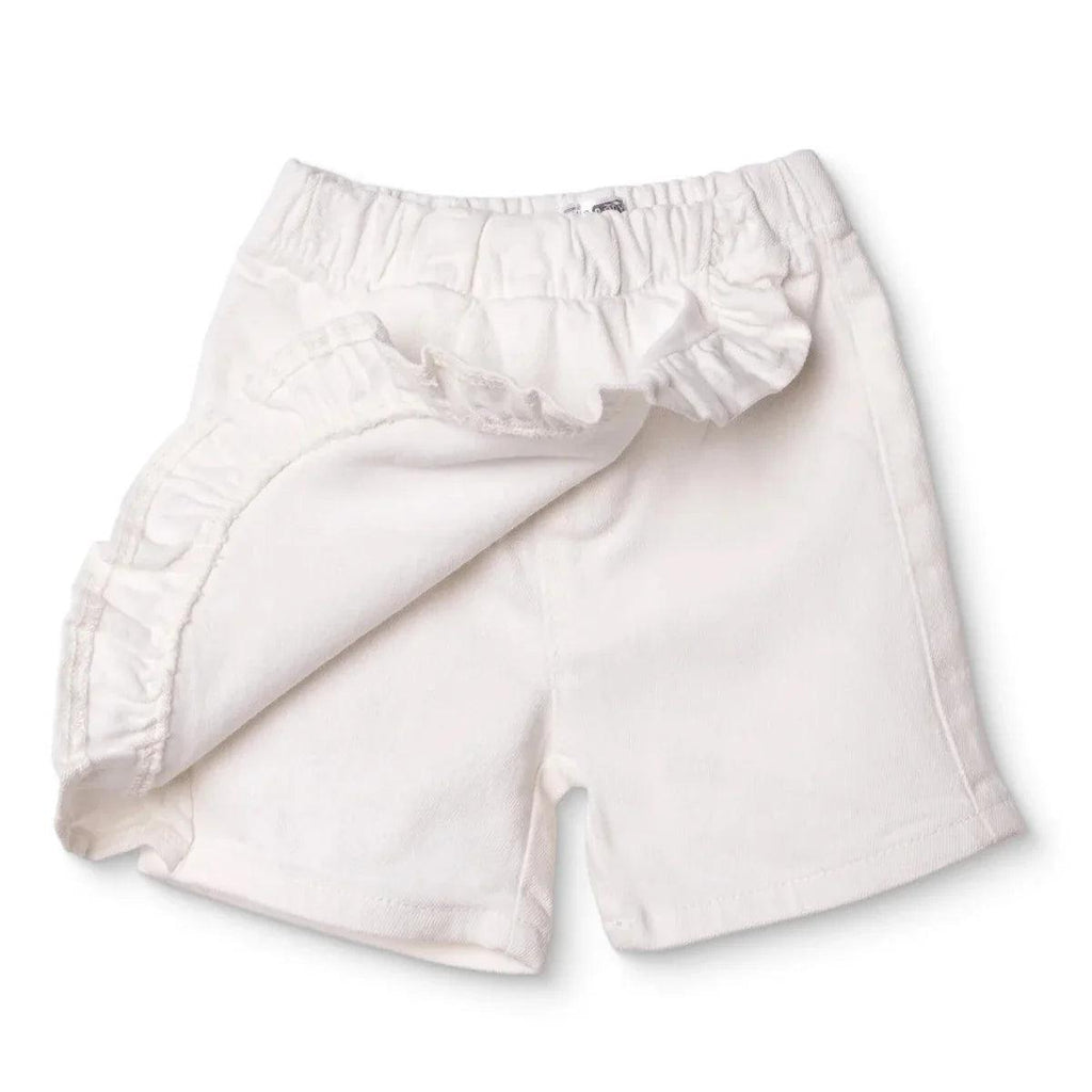 Ecru baby skort back view with elastic waistband and ruffled skirt overlay