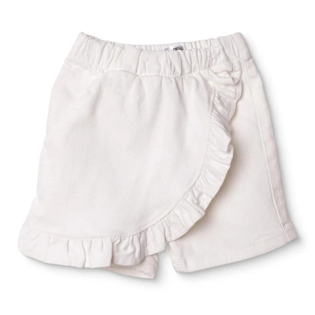 Ecru baby skort with side ruffle overlay and elastic waistband