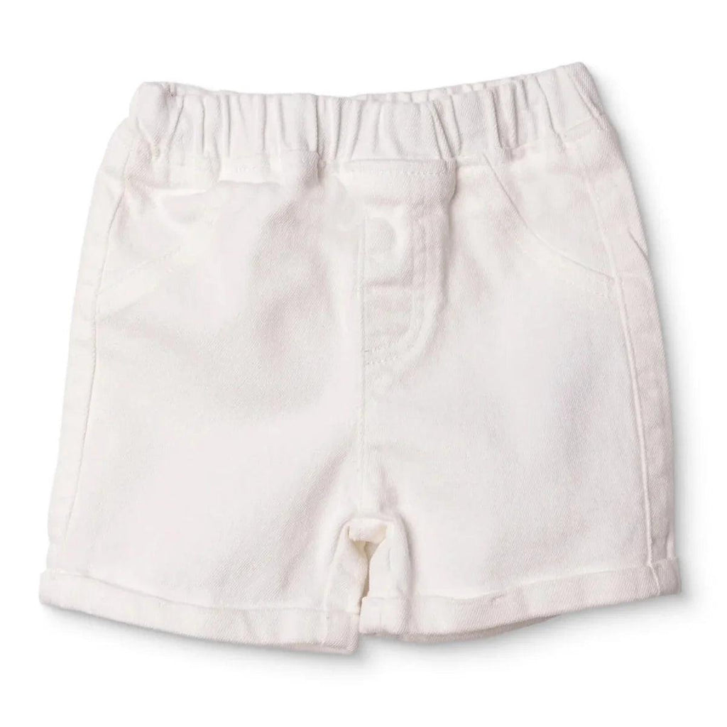 Ecru denim baby shorts with elastic waistband and front fly detail