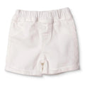 Ecru denim baby shorts with elastic waistband and front fly detail