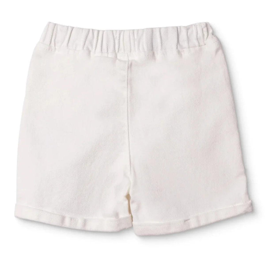 Ecru denim baby shorts with elastic waistband and side seam detail