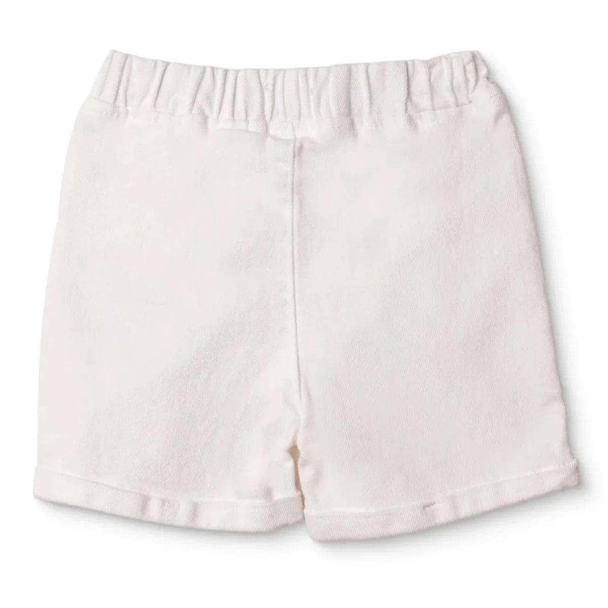 Ecru denim baby shorts with elastic waistband and side seam detail