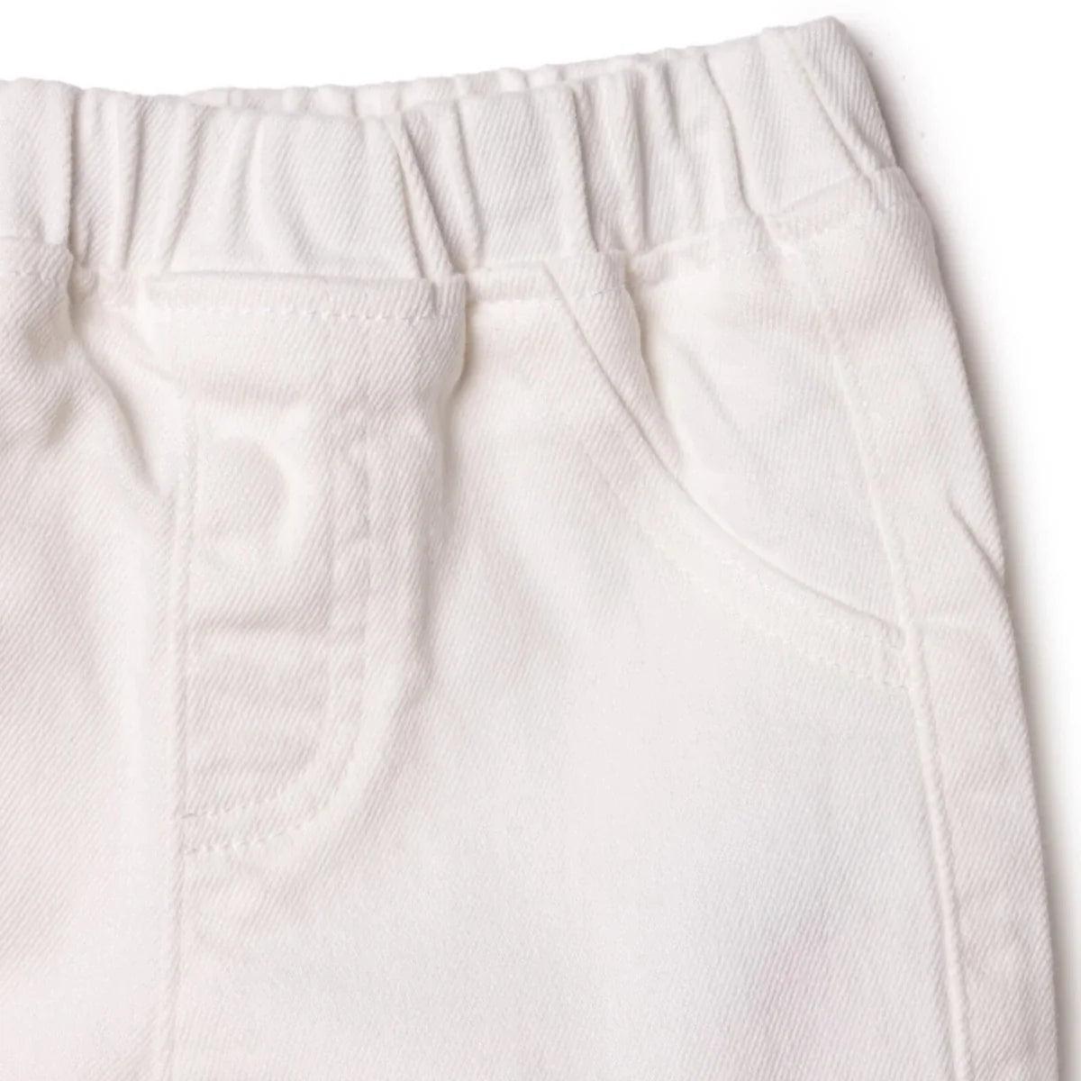 Ecru denim baby shorts close-up of waistband stitching and center panel