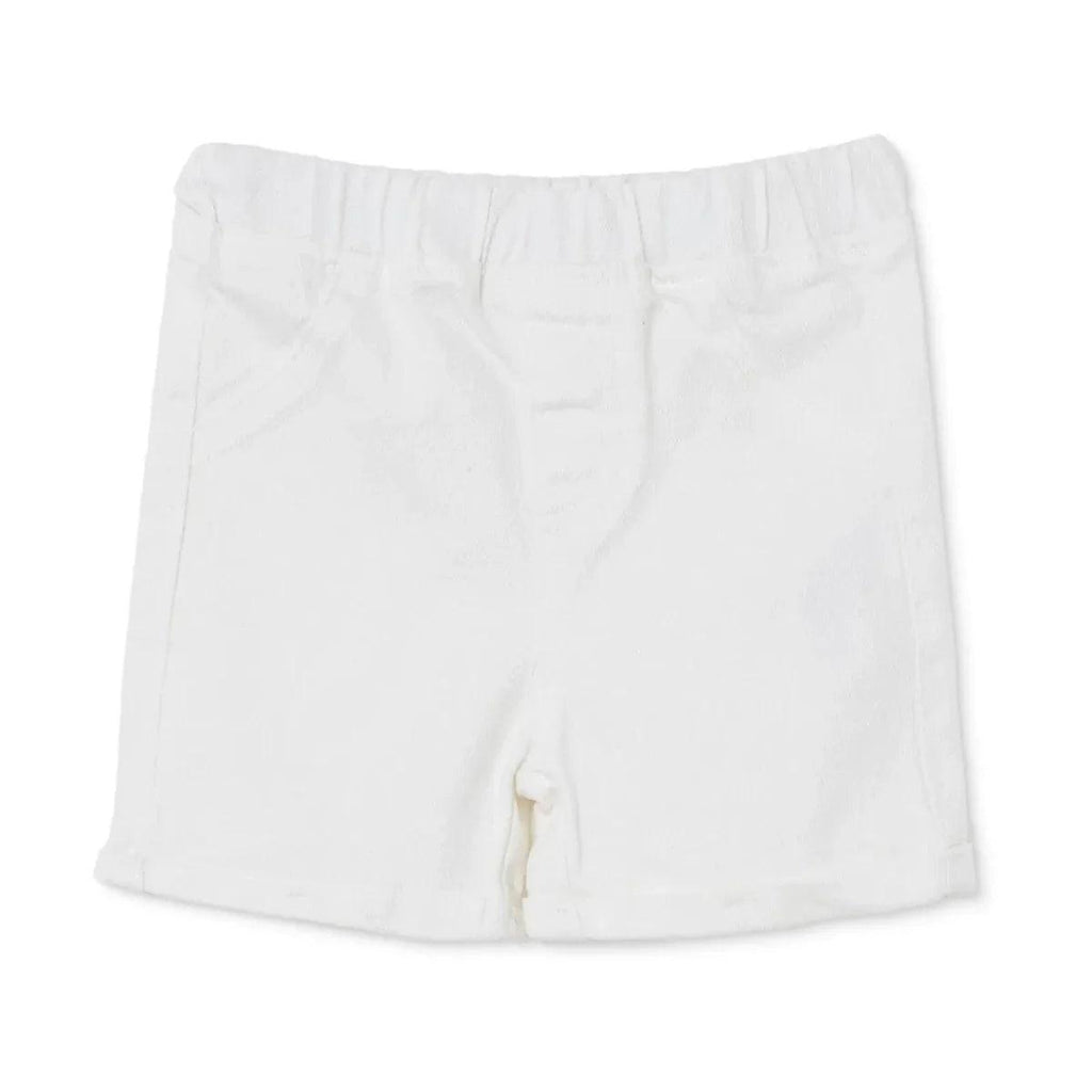 Ecru denim baby shorts side view with elastic waistband and fly opening