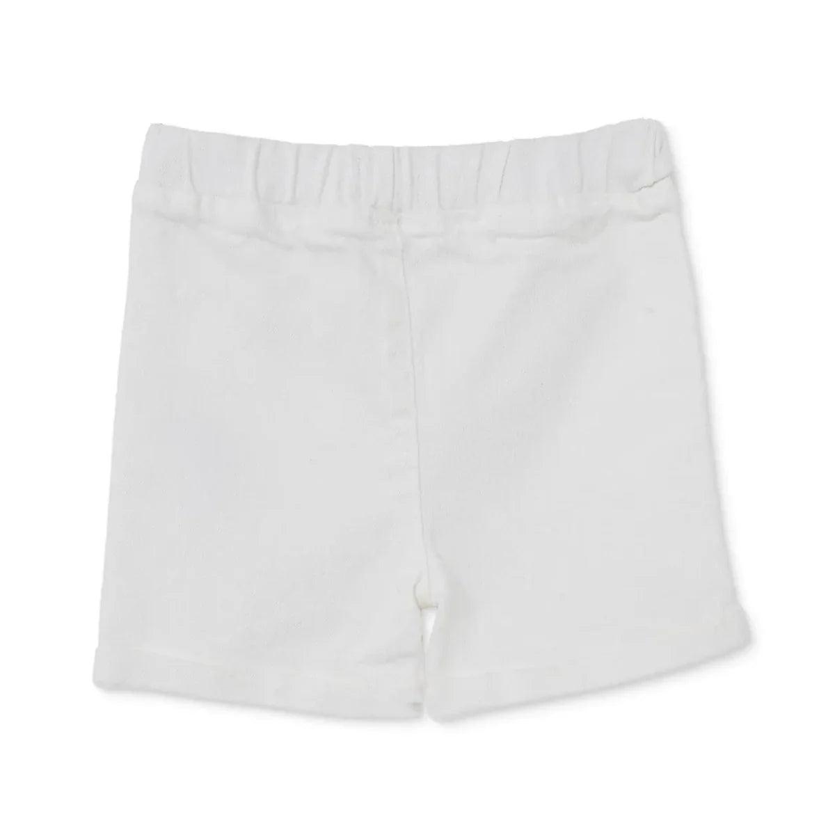 Ecru denim baby shorts front view with elastic waistband and center seam