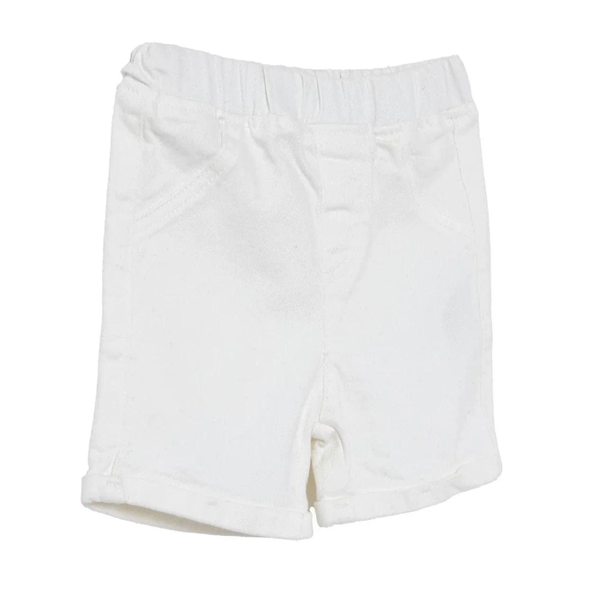 Ecru denim baby shorts three-quarter view with elastic waistband