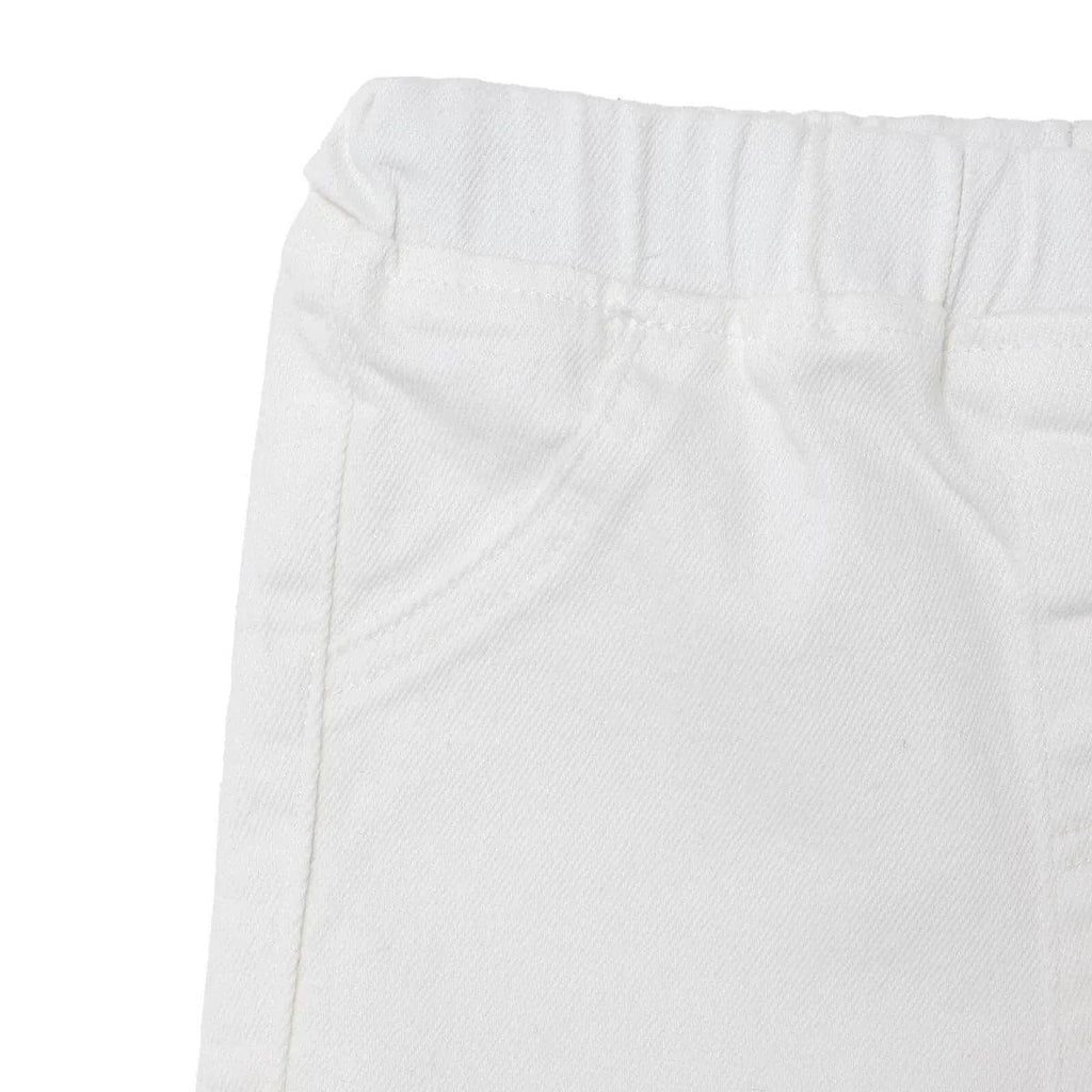 Ecru denim baby shorts back view close-up of elastic waistband