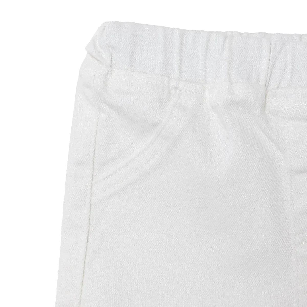 Ecru denim baby shorts back view close-up of elastic waistband