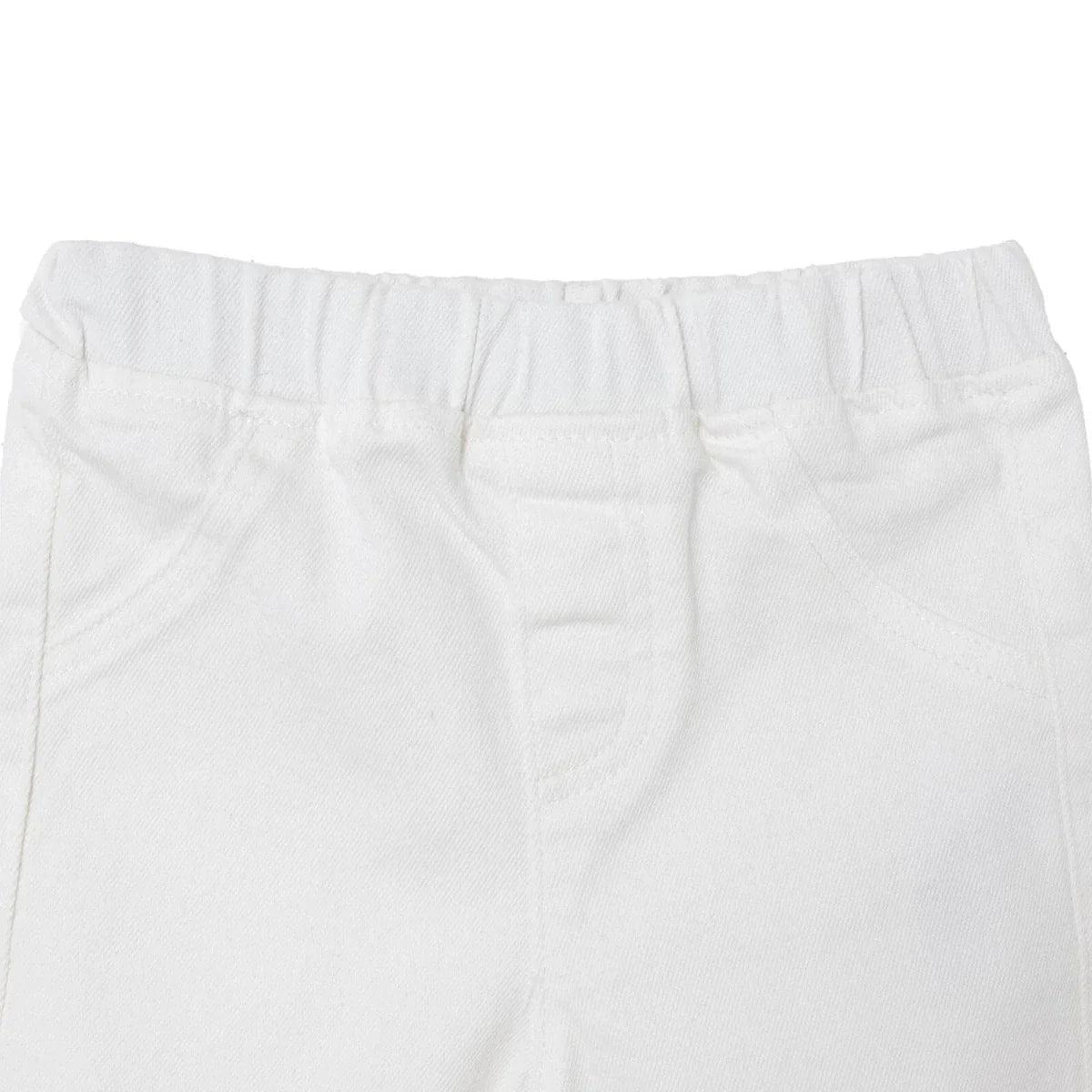 Ecru denim baby shorts with elastic waistband and stitched front seams