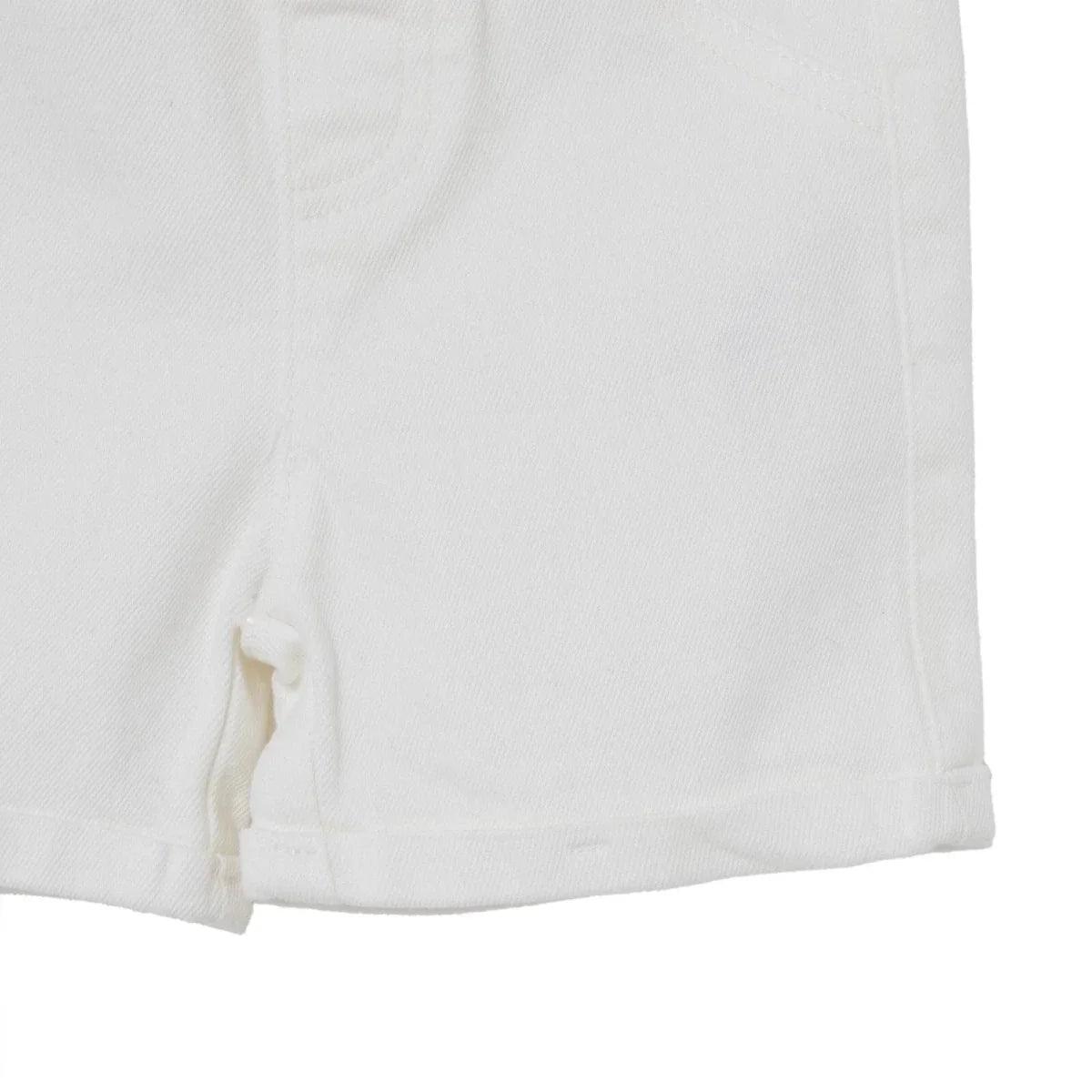 Ecru denim baby shorts, side view with cuffed hem and clean stitching