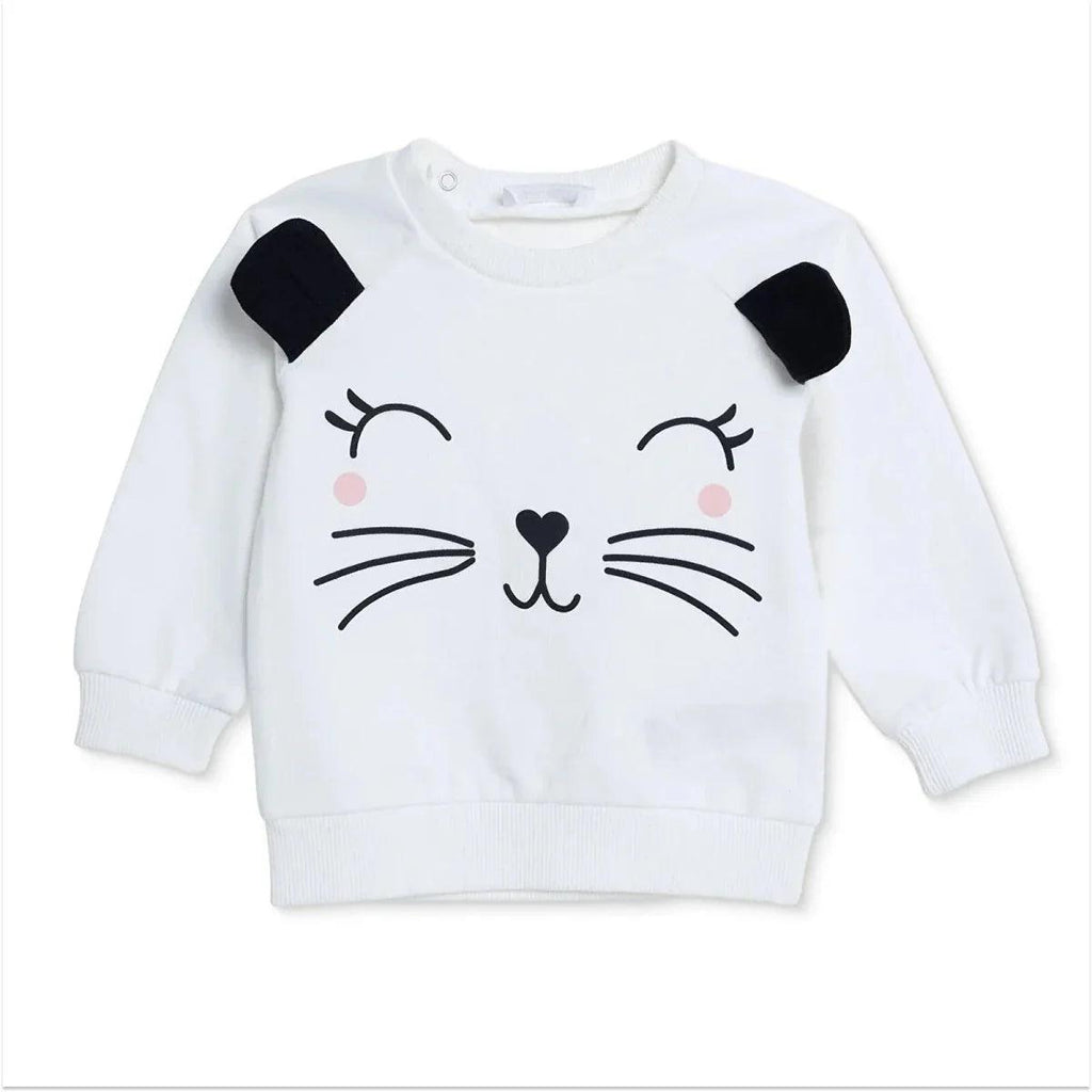Ecru baby sweatshirt with cute cat face print and black ear patches
