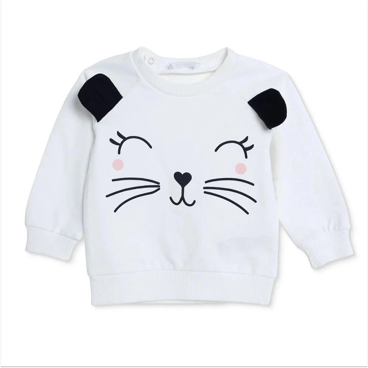 Ecru baby sweatshirt with cute cat face print and black ear patches