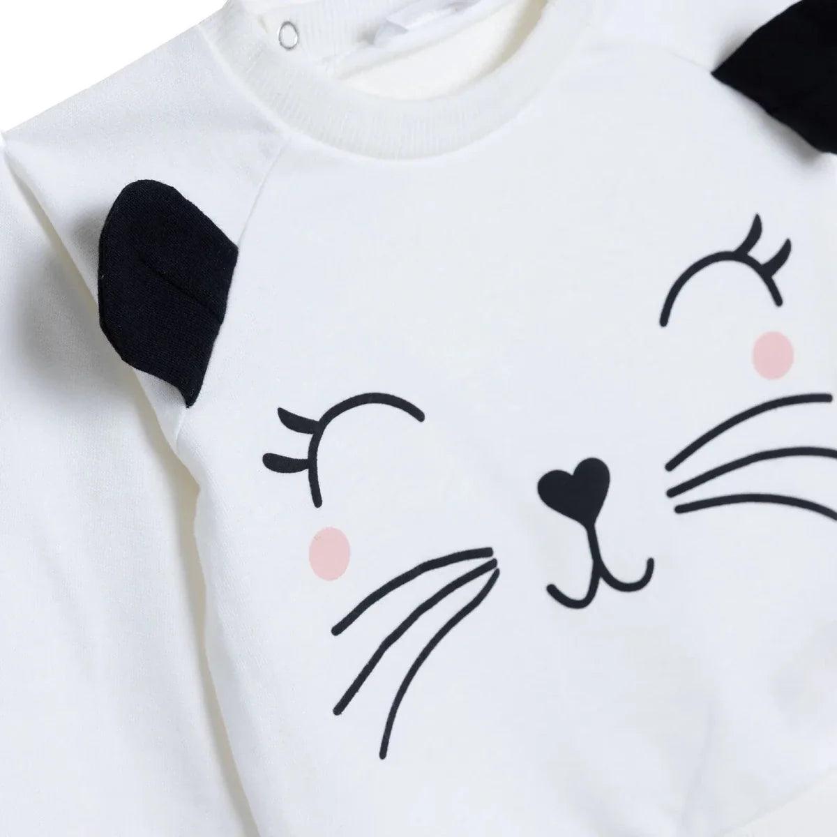 Ecru baby sweatshirt close-up of cat face print with pink blush and whiskers