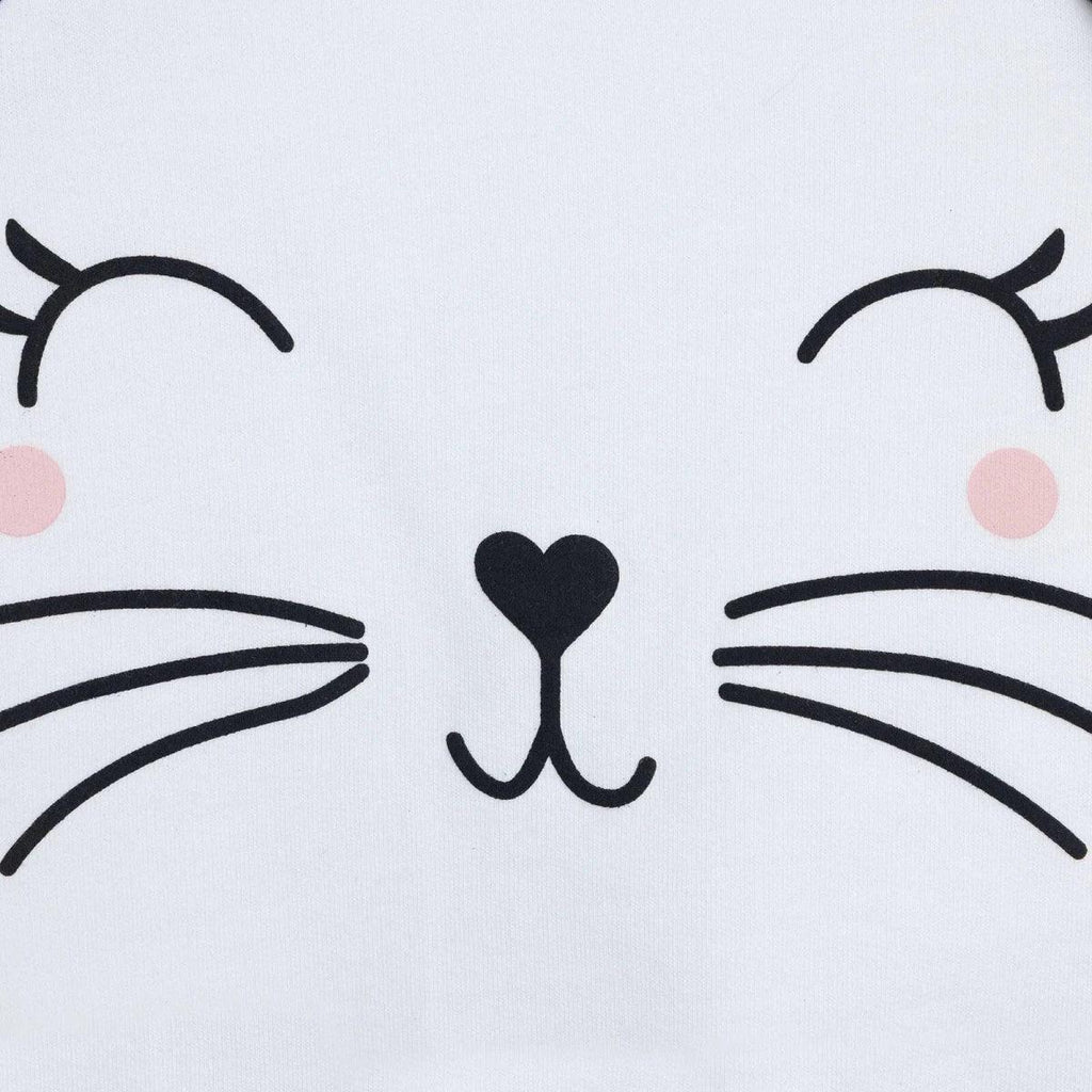 Ecru baby sweatshirt close-up of cat face print with heart nose and whiskers