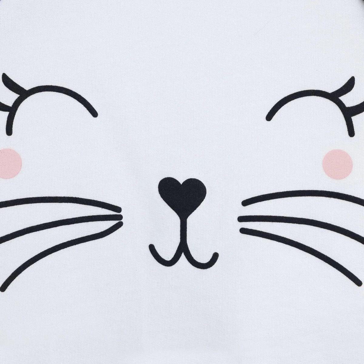 Ecru baby sweatshirt close-up of cat face print with heart nose and whiskers