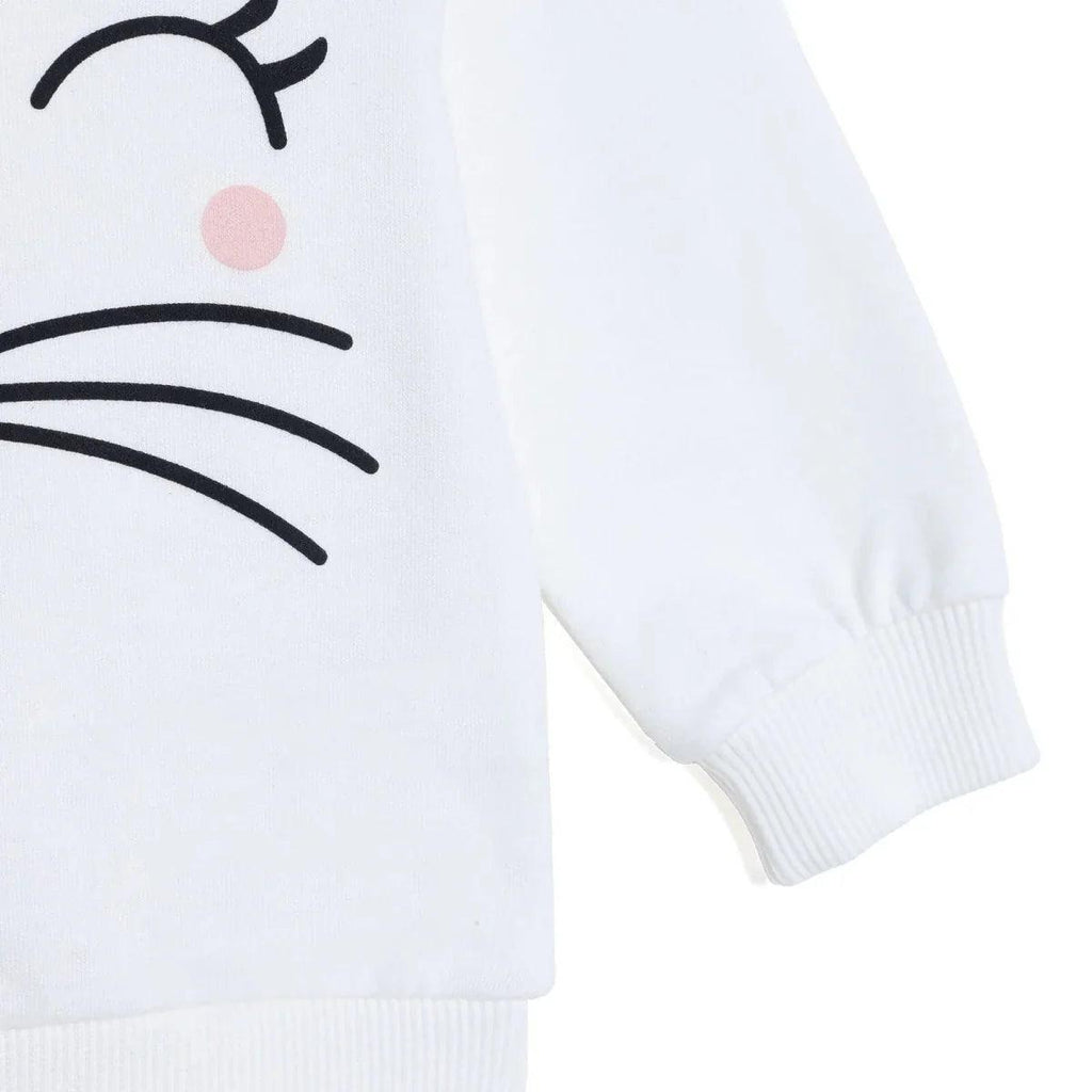 Ecru baby sweatshirt close-up of sleeve cuff with cat whisker print