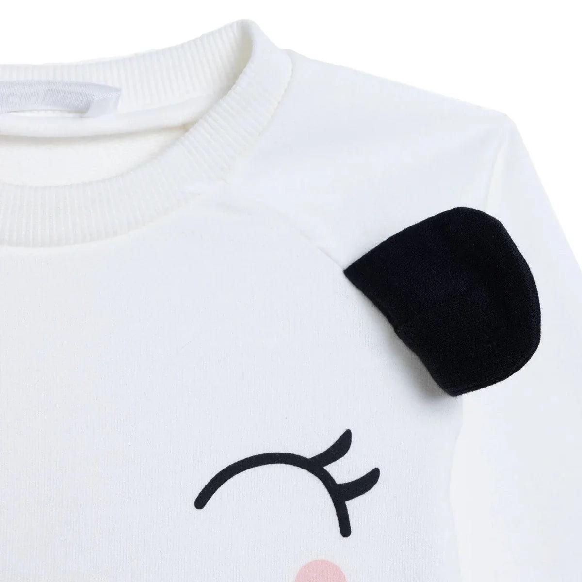 Ecru baby sweatshirt close-up of cat eye and black ear patch on shoulder