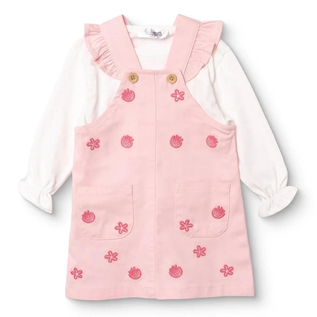 Pink baby dungarees set with long-sleeve white T-shirt, tulip and flower appliques