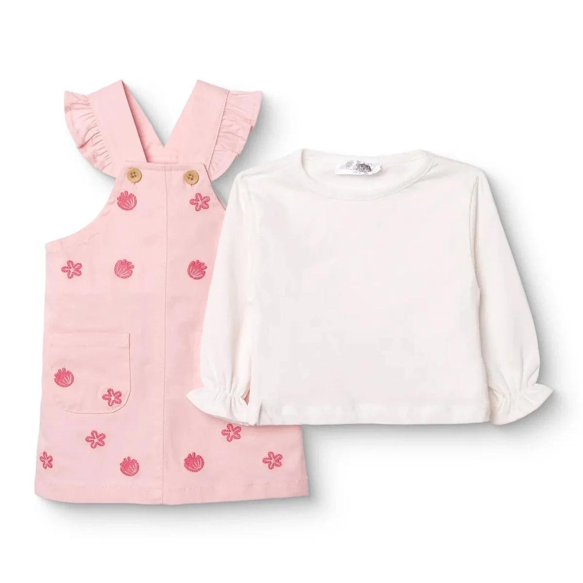Pink dungarees and white long-sleeve T-shirt set with stitched flower and leaf motifs
