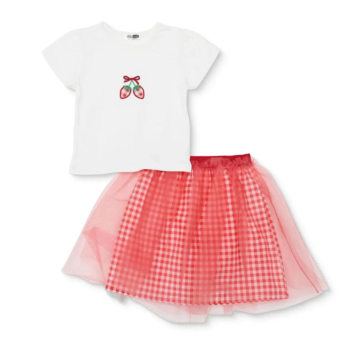 Ecru baby top and red gingham tulle skirt set with embroidered bow and cherries