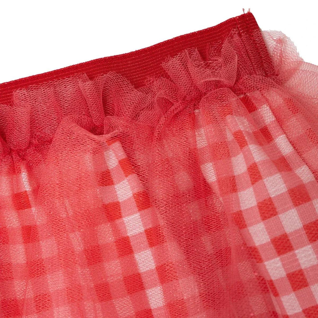 Red and white gingham tulle skirt ruffle with gathered waistband