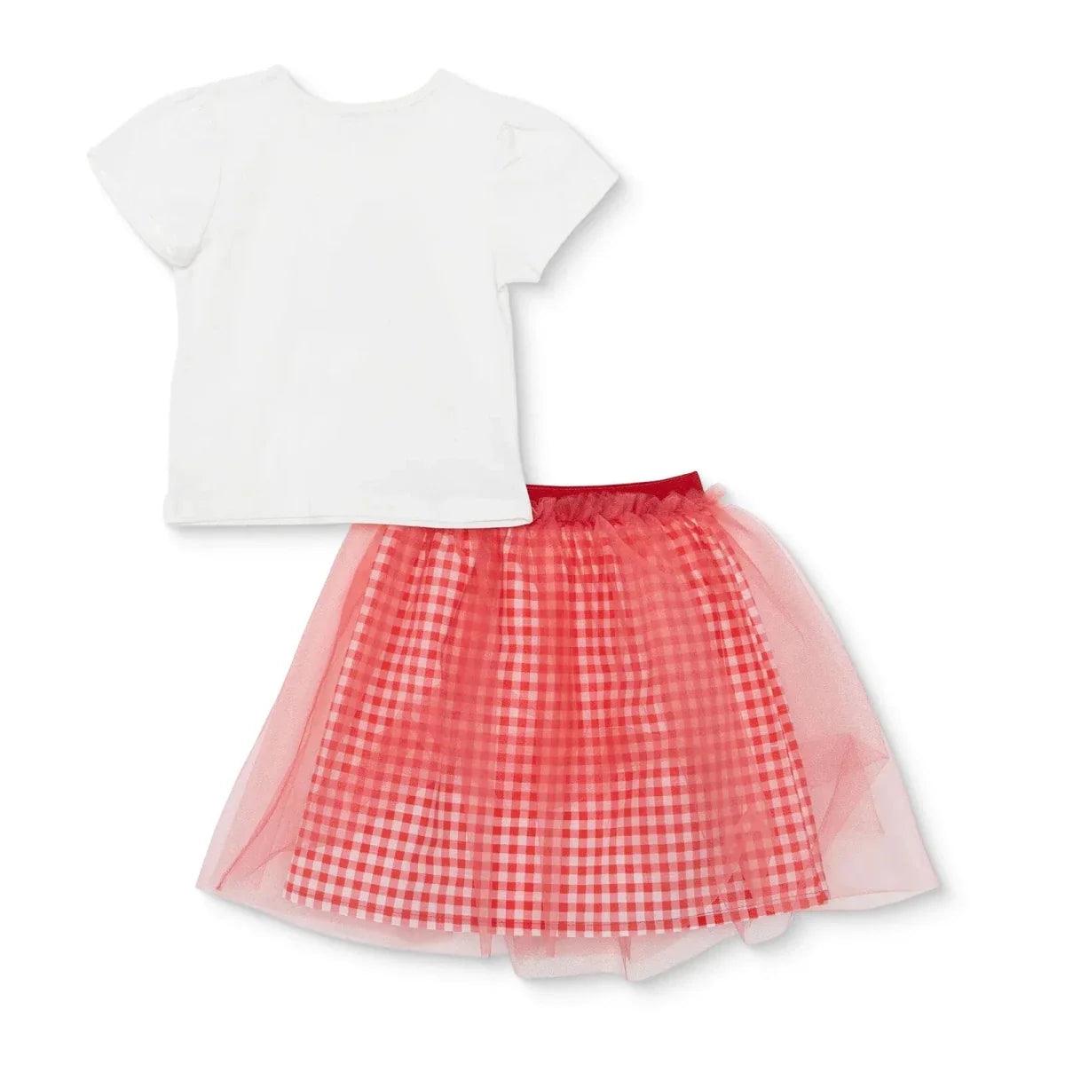 Ecru short-sleeve baby top paired with red gingham tulle skirt