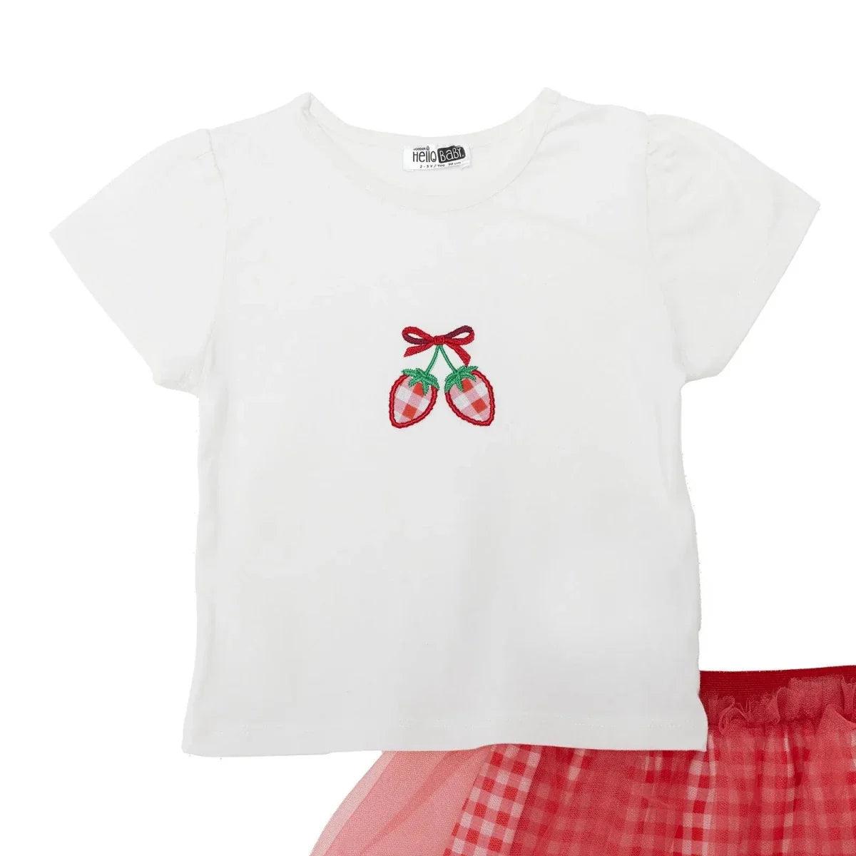 Ecru baby top with cherry embroidery and short sleeves