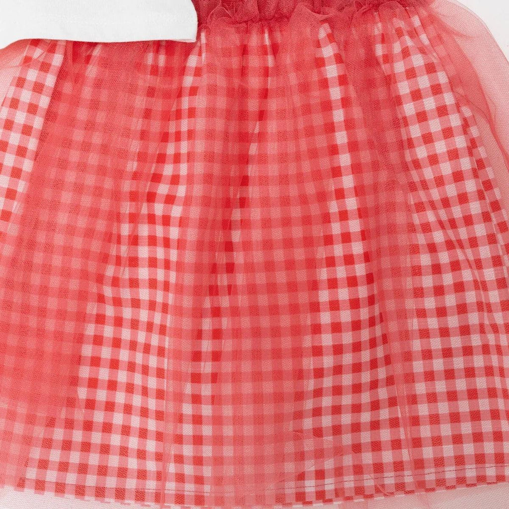 Red gingham skirt with layered tulle overlay and gathered waistband