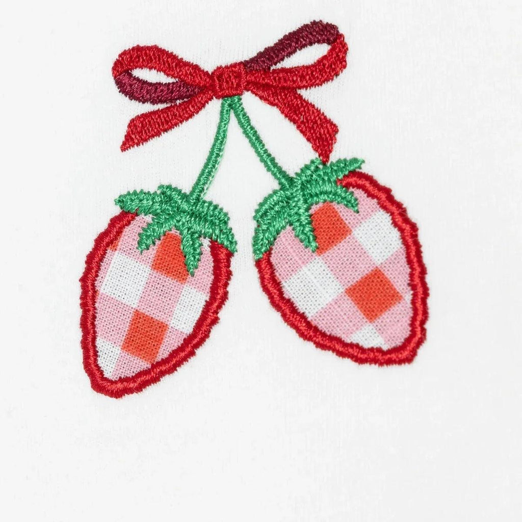 Ecru baby top and skirt set with embroidered strawberry motif
