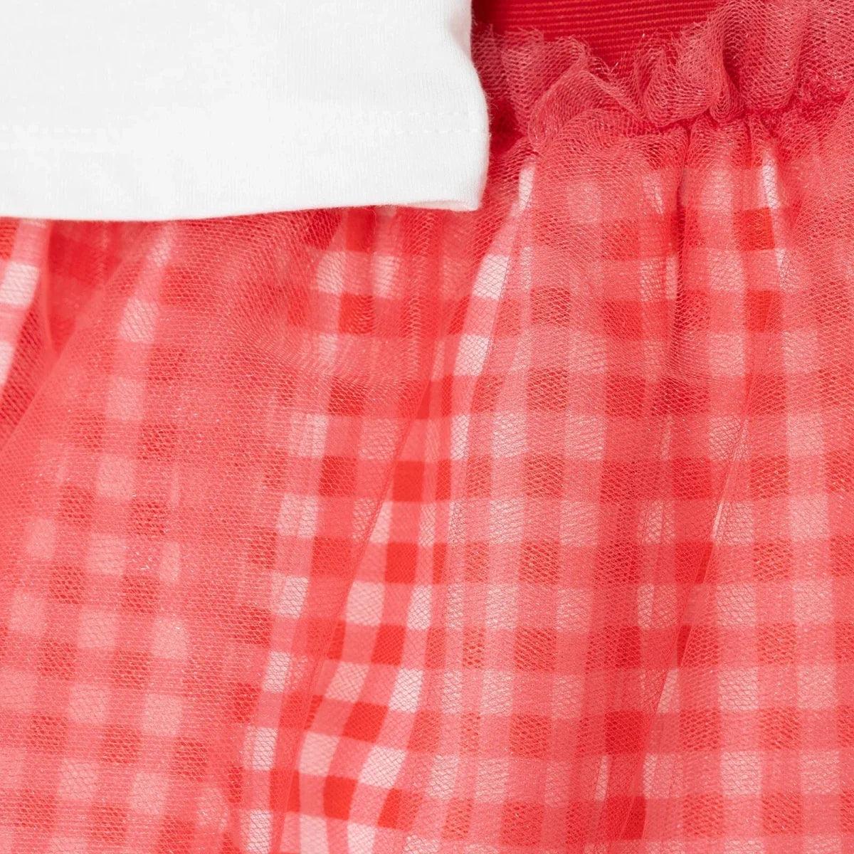 Layered tulle skirt with red gingham pattern and elastic waist gathers